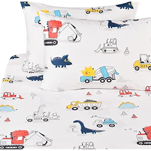 J pinno Dinosaur Construction Work Digger Cars Vehicle Cute Cozy Fun Full Sheet Set for Kids Girls Children 100% Cotton Flat Sheet + Fitted Sheet + Pillowcase Bedding Set (Dinosaur, Full) Cover