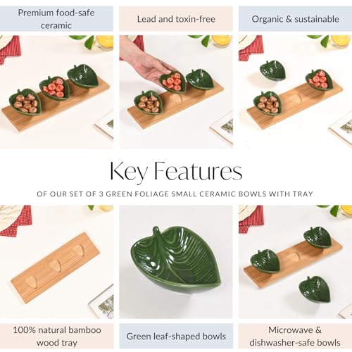 Image of Nestasia Leaf-Shaped Ceramic Dip Bowls Set with Bamboo Serving Tray 50ml | Eco-Friendly, Microwave and Dishwasher Safe | Perfect for Dips, Sauces, Nuts, Candies, Treats and Gifting