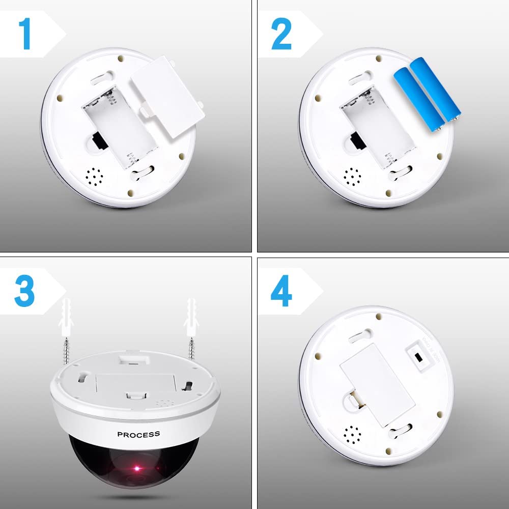 ERWEY Lot de 2 Caméras Factices Extérieur & Intérieur, Fausse Caméra de Surveillance Dôme avec Lumière LED Rouge Clignotante & Autocollants CCTV, pour Mur et Plafond (Blanc)