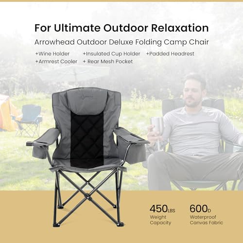ARROWHEAD-OUTDOOR-Portable-Folding-Camping-Quad-Chair-w-6-Can-Cooler-Cup-Wine-Glass-Holders-Heavy-Duty-Carrying-Bag-Padded-Armrests-Headrest-Seat-Supports-up-to-450lbs-USA-Based-Support