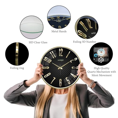 Image of RANDOM Silent Wall Clock, Non-Ticking Quartz Movement, Foiling Ring and 3D Numbers (Black and Gold)
