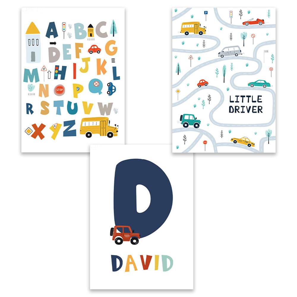 3 Laminas Personalizadas Bebe Niño 30X40CM Poster Alfabeto ABC Cuadros Habitacion Infantil Coche Lienzo Decorativo Bebe Laminas Infantiles Para Habitacion Niño Cuadros Coche sin Marco