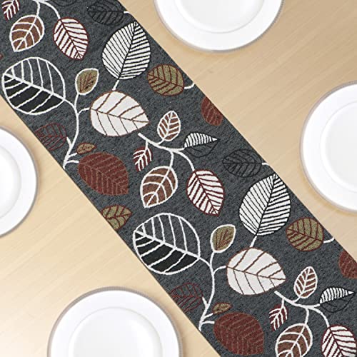 Image of HOKIPO Cotton Jacquard Dining Table Runner 6 Seater, 12X52 Inches (In-531-D5Grey Leaves)