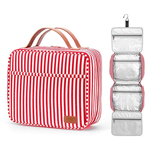 Bosidu - Red & White Striped Hanging Travel Toiletry Bag Large Capacity Cosmetic Organiser with 4 Compartments & Sturdy Hook Perfect for Travel/Daily Use