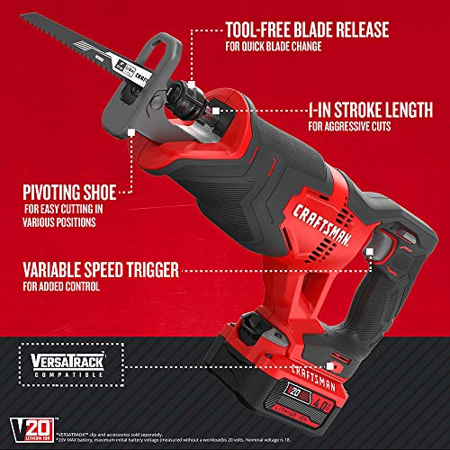 CRAFTSMAN V20 Cordless Reciprocating Saw Kit, 3,000 RPM, 14.5 inch, Battery and Charger Included (CMCS300M1) - image 2