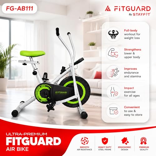 Image of FITGUARD FG-AB 111 By STAYFIT Dual Action Air Bike /Exercise Bike for Home |Gym Cycle for Workout With Adjustable Cushioned Seat | Non-Slip Pedals | Moving Handles Black Gym Bike, Max user weight 120 KG (Green)