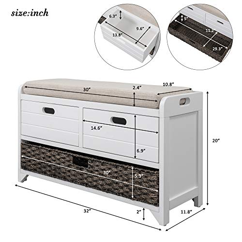 Lovmor 32" Storage Bench For Entryway, Shoe Bench With Storage Removable Basket And 2 Drawers, Entryway Bench With Shoe Storage, Entryway Storage For Hallway, Entryway, Mudroom And Living Room, White #TOP1