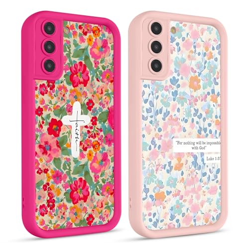 lioscre 2 Pack Cute Pink Christian Cross Flower Phone Case for Samsung Galaxy S22 Plus 5G 6.6", Aesthetic Floral Bible Jesus Design Women Girls Case Soft Slim Shockproof TPU Protective Funda Cover