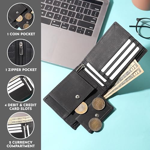 Image of VEMILIO Vegan Leather Wallet for Men | Eagle Print Embossed Premium Bifold Wallet | 3 Card Slots | 2 Cash Compartments | 1 Coin Pocket & 2 Secret Slots | Stylish, Durable & Gift for Men (Eagle, Black)