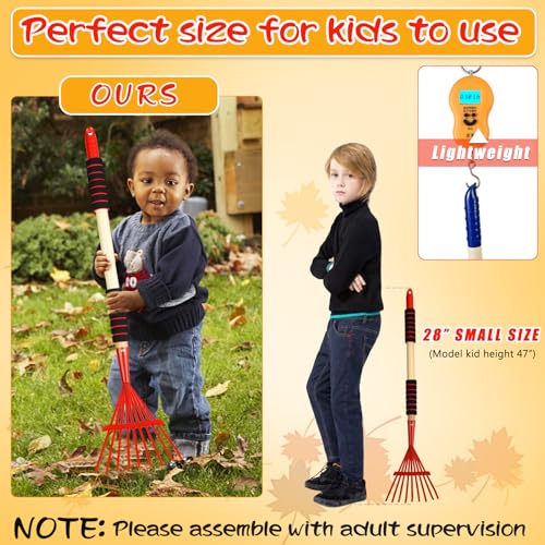 2 Pack Kids Rakes for Leaves, 28\" Metal Small Rakes Child Garden Lawn Rake with Hardwood Handle & Soft Foam Grip, Cute and Lightweight Leaf Rake Kid Garden Tools Gift Set for Boys and Girls