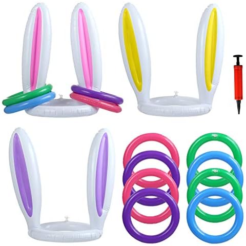 Kesote 3Pcs Inflatable Bunny Hat Rabbit Ears with 12pcs Rings Toss Game Hoopla Ring Toss Hat for Family Children Easter Gifts Party Decor Cover