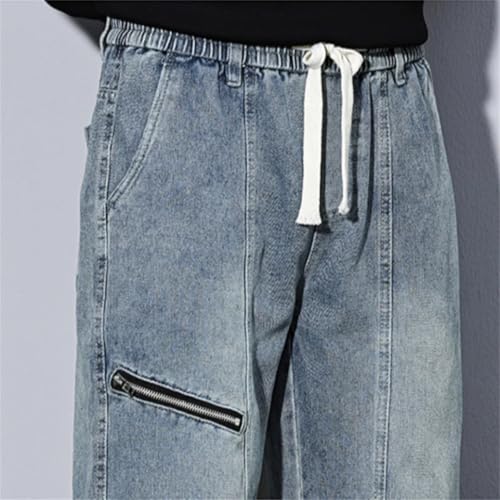 Men's Fake Zipper Design Jeans, Drawstring Mid-Waist Casual Loose Wide-Leg Pants3