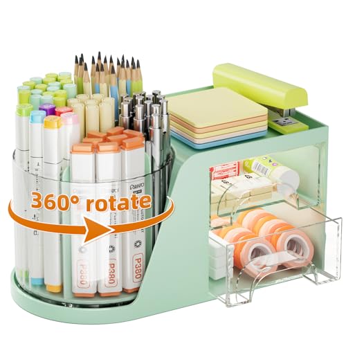 Marbrasse Desk Organiser,360-Degree Rotating Pen Holder,Desk Organisers Accessories with 5 Compartments Pencil Organizer,Art Supply Storage Box Caddy for Home Office (Green)