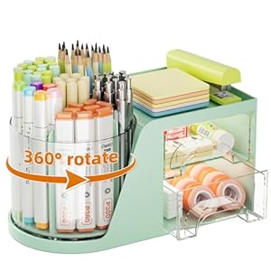 Marbrasse Desk Organizer with 2 Drawer, 360°Rotating Pen Holder, Desk Organizers and Accessories with 6 Slots Pencil Holder + 2 Drawer, Art Supply Storage Box Caddy for Office (Green)