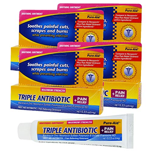 Pure-Aid Triple Antibiotic Pain Relief 0.33oz (4pk) First Aid Antibiotic Pain Relieving Ointment, Soothes Painful cuts, scrapes and Burns While preventing Infection