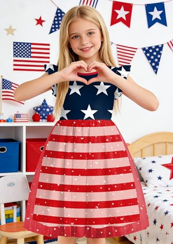 Image of Girls 4th of July Dress American Patriotic Outfit USA Independence Day Clothes Flutter Sleeve Tulle Tutu Dress 5-14y