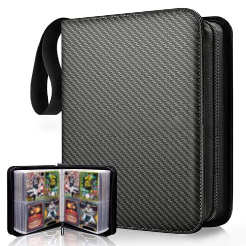 4-Pocket Trading Card Binder, 400 Pocket Cards Binder with Zip, Durable PU Album Material, 50 Top-Loading Pages Folder, Refillable Ring Binder for Collectible Games, MTG, Football, Sports (Black)