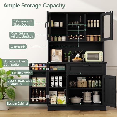 Image of Shintenchi Kitchen Pantry Storage Cabinet, Freestanding Buffet Cabinet with Microwave Stand & 3 Door Shelves, Kitchen Hutch with Doors, Adjustable Shelves and Wine Rack, Black