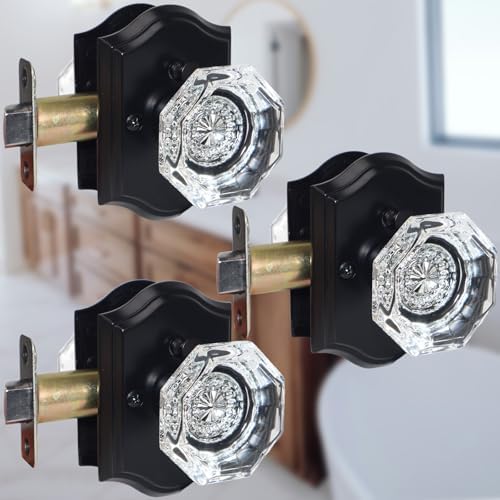 3 Pack Glass Door Knobs, Octagonal Black Crystal Door Knobs, Glass Privacy Door Knobs Interior for Bathroom Bedroom, Clear Crystal Door Knob Set
