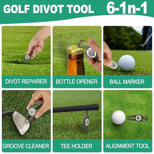 nadachi Golf Divot Tool 6 in 1 - Golf Divot Repair Tool and Ball Marker, Club Holder Golf Gifts for Men Accessories for Women (Black)