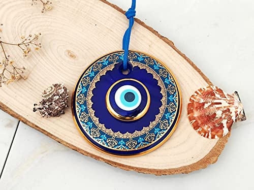 Erbulus 4.3" Glass Blue Evil Eye Wall Hanging Gold And Turquoise Floral Design Ornament – Turkish Nazar Bead - Home Protection Charm - Wall Art Amulet In A Box #TOP2