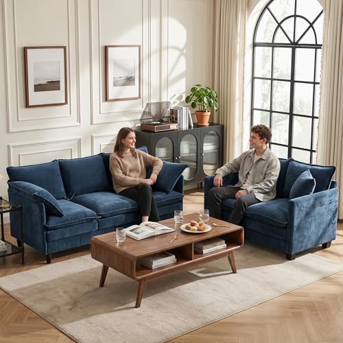 MUDANT 3 Seater Couch & Loveseat Sofa 2 Piece Set, Small 50" Love Seat & 69" Cloud 3 Seat Couch Sofa Set Washable Chenille Pillow Living Room Set for Apartment Office Home 50-Blue-3+2