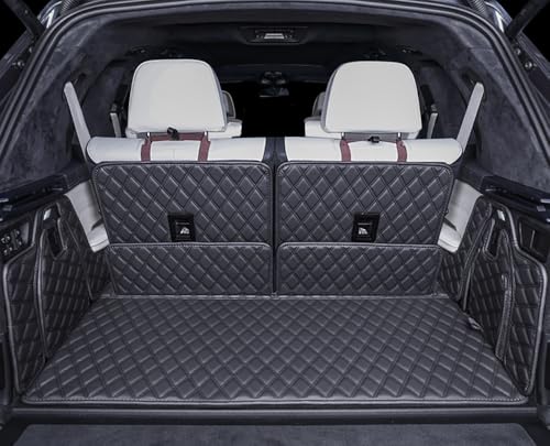 ZYCHUANGYING for BMW X7 X7 2+2+2 Seater Trunk Mat Cargo Cover Dog Liner Boot Liner Full Coverage Leather 3D Laser Measured (Trunk Mat+3rd Row Backrest Mat+Both Sides Panel) (Black with Black Stitching