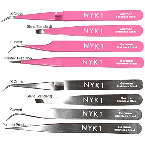 Pincet van NYK1 individuele precisie wimperpincet - puntig, gebogen of X kruis in zilver of roze (puntig zilver x1 eenheid) ultieme sterke Duitse staal