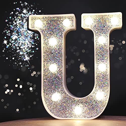 LED Marquee Letter Lights, Light Up Silver Letters Glitter Alphabet Letter Sign Battery Powered for Night Light Birthday Party Wedding Girls Gifts Home Bar Christmas Decoration, Silver Letter A