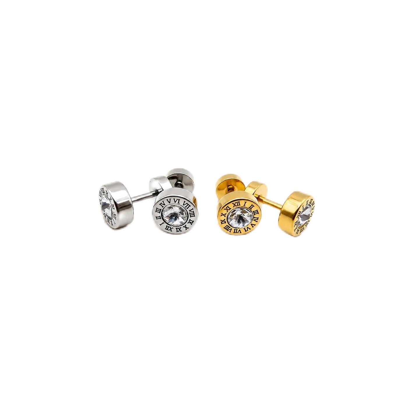 1 Pair Gold Plated & Silver Color Roud Roman Numeral With Crystal Stone Earrings-picture-25