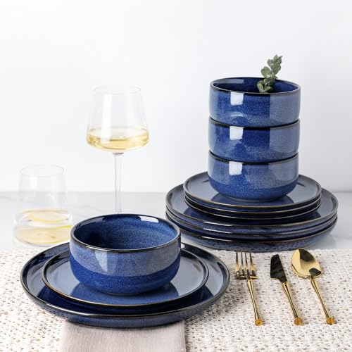 Image of TheTerra Ceramic Dinnerware Sets for 4, 12 Pieces Handmade Reactive Glaze Plates and Bowls Set, Scratch Resistant Dish Set, Oven & Microwave & Dishwasher Safe, Blue