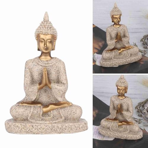 Estatua de Buda meditando talla en arenisca dorada miniatura 1