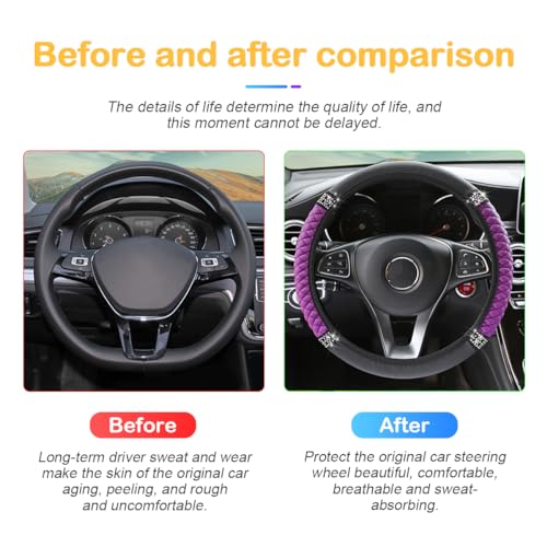 Image of Osilly Bling Car Steering Wheel Cover, 15 Inch Rhinestones Soft Leather Elastic Steering Wheel Protector, Sparkly Crystal Diamond for Women Girls, Car Interior Accessories for Most Cars (Purple)