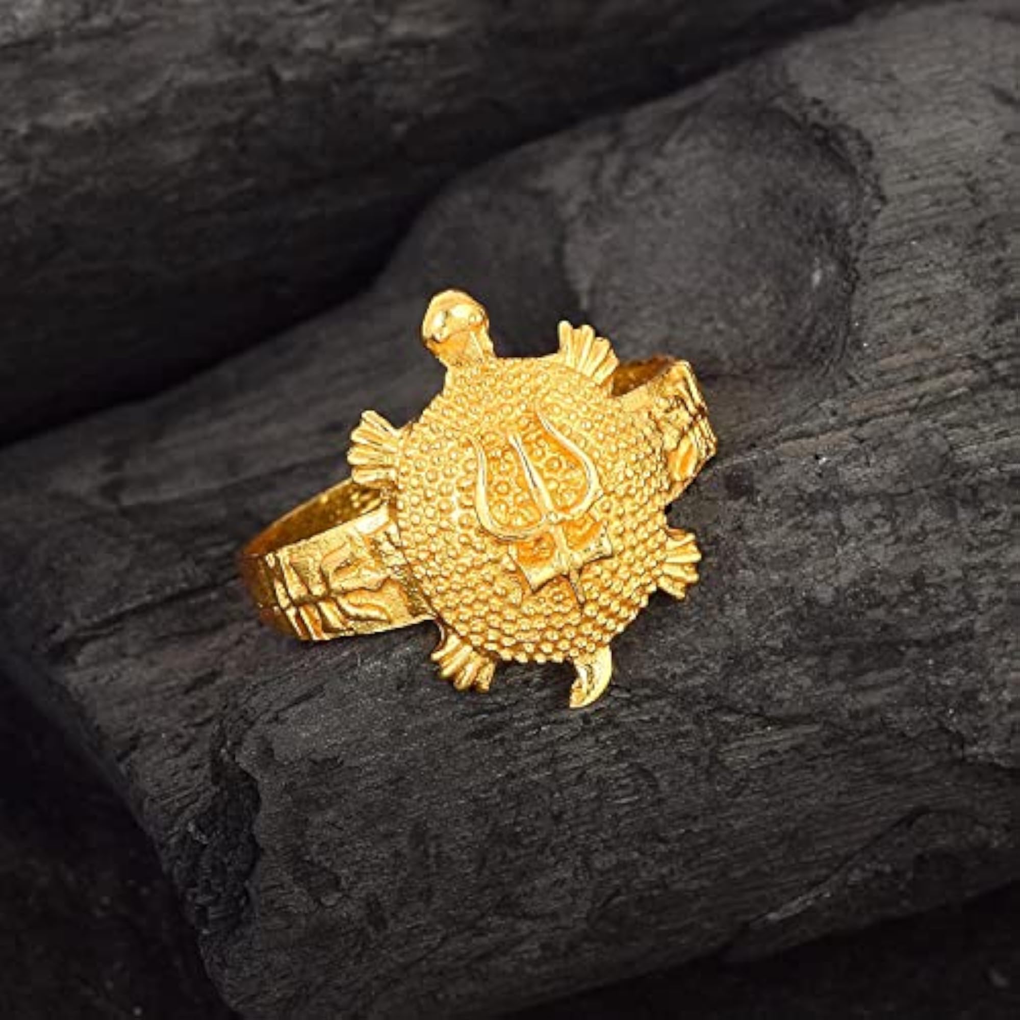 Gold Plated Brass Shiv Shakti Trishul Damru Pendant Chain Necklace & Ring Set