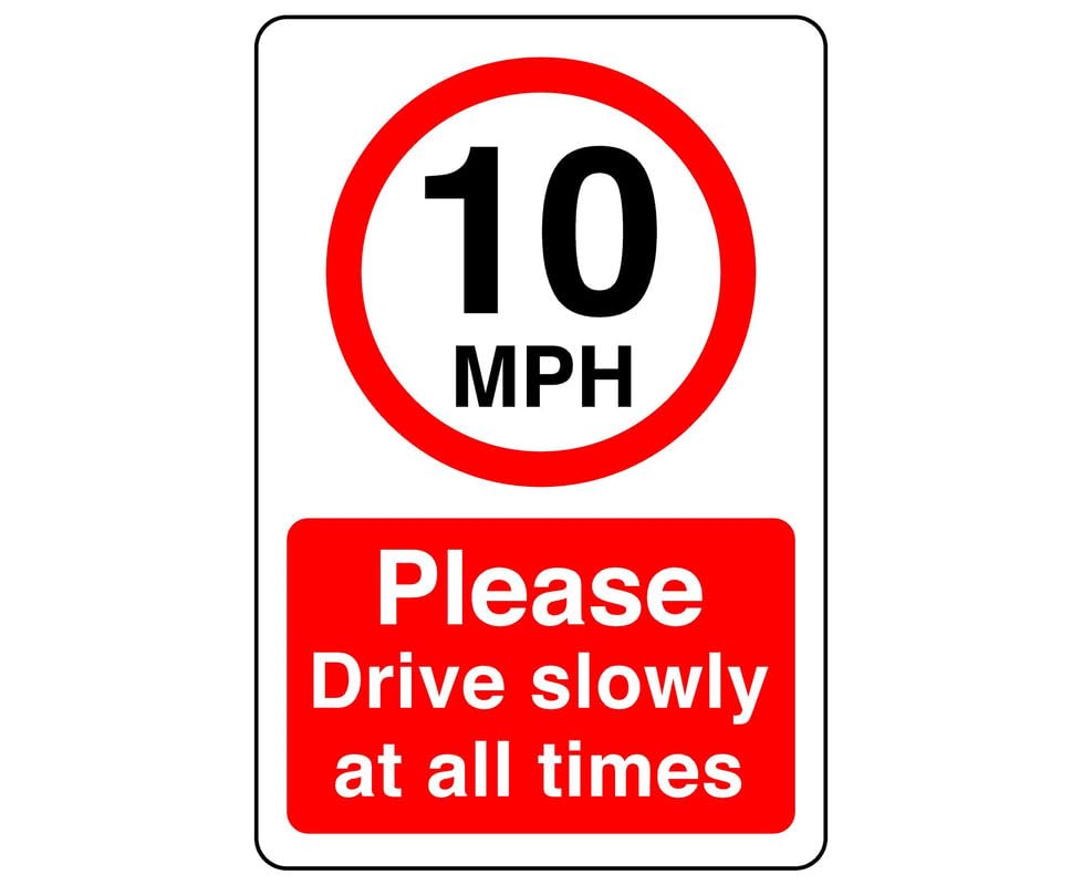 10mph please drive slowly at all times - High tack self-adhesive sticker (600mm x 400mm) Ensures safety within 4m viewing distance, promoting road safety.