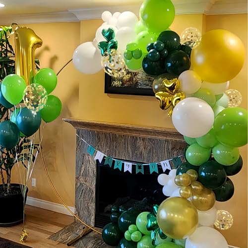 Image of Green and Gold Balloons, 60 PCS 12 Inches Dark Light Green Balloons Metallic Chrome Gold Confetti Balloon White Latex Ballons for Birthday Jungle Safari Theme Decorations