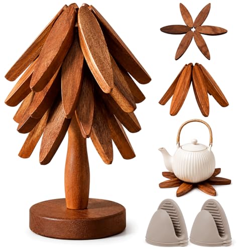 7 PCS Wooden Trivet Tree Set with 5 Coasters,1 Stand & 2 Silicon Pot Holders, Tree Coaster Set 8.7"*7.9", Heat Resistant Tree Pot Holder for Kitchen, Dining Table & Home Tree Wood Trivets