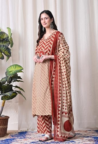 Image of MEERA FAB Women's Cotton Straight Kurta Set, Floral Print with Yoke, with Dupatta and Pants