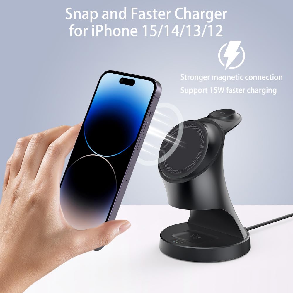Stazione di ricarica 3 in 1 per dispositivi Apple 18 W Fast Mag-Safe Charger Stand Stazione di ricarica wireless magnetica per iPhone16 15 14 13 12 Pro/Pro Max/Plus/Mini AirPods