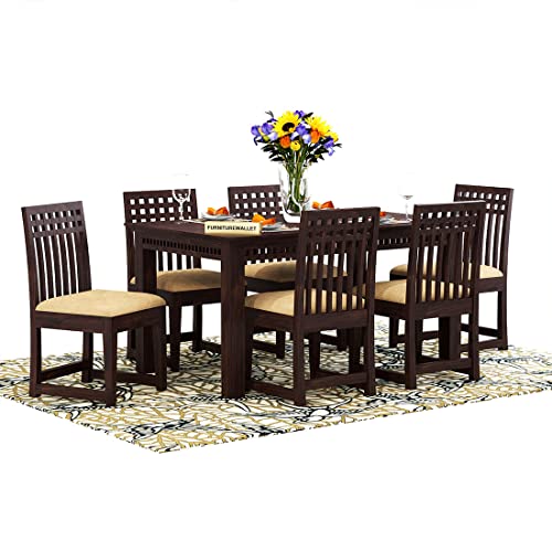 Image of Solid Sheesham Wood 6 Seater Dining Table Set with Cushioned Chairs for Dining Room | Living Room | Home & Office | Hotels Restaurant & Cafe (6 Seater, C-Walnut)
