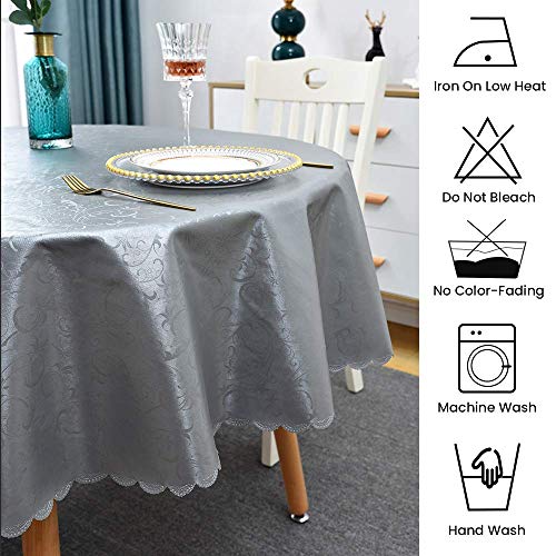Image of Romanstile Waterproof Vinyl Tablecloth Round, 60 x 60 Inch, Flower Grey