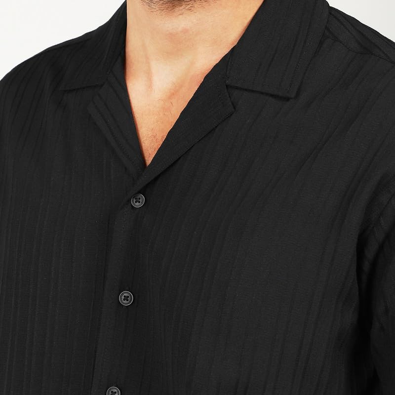 Image of CAHOOT Men's Self-Design Striped Shirt for Casual Wear | Spread Collar | Long Sleeve | Button Closure | Shirt Crafted with Comfort Fit for Everyday Wear