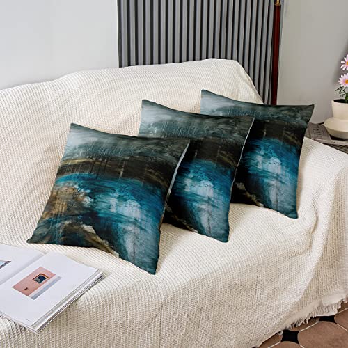 Modern Abstract Throw Pillow Covers 20"x20" Set of 2 Soft Messy Teal Black and Blue Pillow Cases Cushion Covers For Living Room Bedroom Abstract Art Decorative Throw Pillowcases for Sofa Chair - Image 4