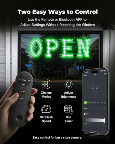 Image of 32 x 10 Inch LED Open Sign for Business - Timer via BT APP & Remote Control, Ultra Bright Open Sign with 14 Flash Modes, 6 Dimming Levels & 6 Speed Control for Salon Cafe Restaurant (Green & white)