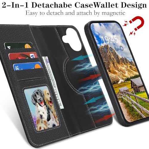 Image of Detachable Genuine Leather Case for iPhone 17 Wallet Case Magnetic 2in1 Removable Flip Cover Book Purse Compatible with Magsafe Charging Kickstand Card Holder-Black