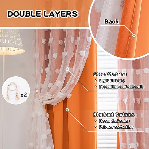 Image of MYSKY HOME Orange Curtains 90 Inch Long for Living Room Nursery Curtains for Bedroom Double Layer Curtains White Pom Pom Sheer Curtains for Dining Room Grommet Room Darkening Window Panels 52 inch x 90 inch