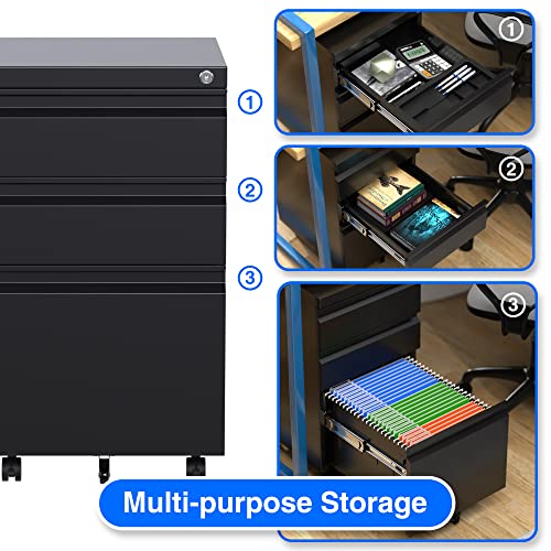 Metan Metal 3 Drawer Mobile File Cabinet With Lock, Under Desk Metal Filing Cabinet For Legal/Letter File, Fully Assembled, Black #TOP4