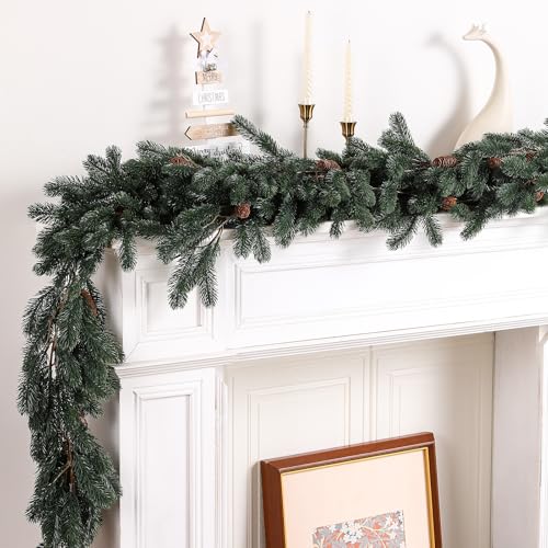 Hawesome 6.4Ft Christmas Garland Carolina Pine Christmas norfolk garland Decorations with Frosted Berries Pinecones for Table Mantle Staircase Indoor Real Touch Winter Pine Garland Outdoor