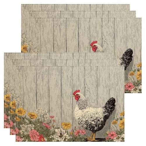 Lot de 6 sets de table rustiques en forme de poule - Motif floral rustique - Pour table à manger -...
