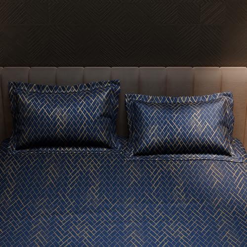 Image of Stoa Paris 300TC UltraSatin King Fitted Bedsheet Set with 2 Pillow Covers, Gentle on Skin & Hair, Wrinkle & Fade Resistant, Home Decor, Gift for Couple, Starlit Night - Navy (183cm x 198cm + 30cm)